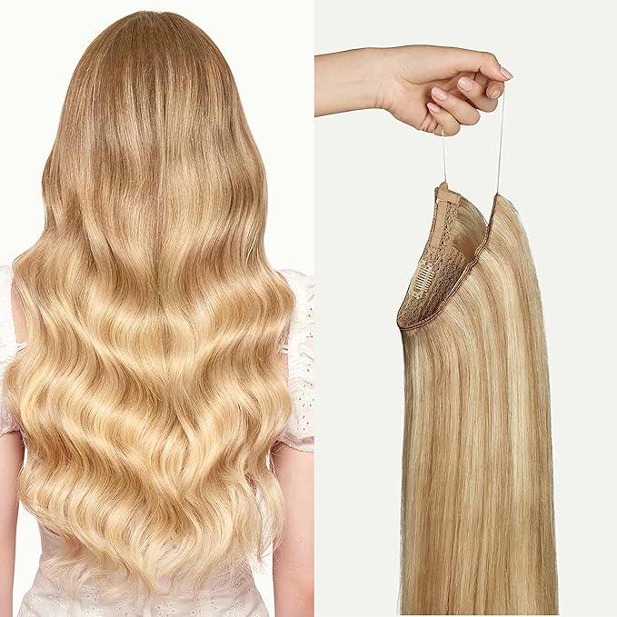 Luxy 100% Remy Human Hair – Halo Clip-In Hair Extensions –Natural Looking Volume & Length - One-Piece - Easy 5-Min Application 150 grams 12" Dirty Blonde Highlights