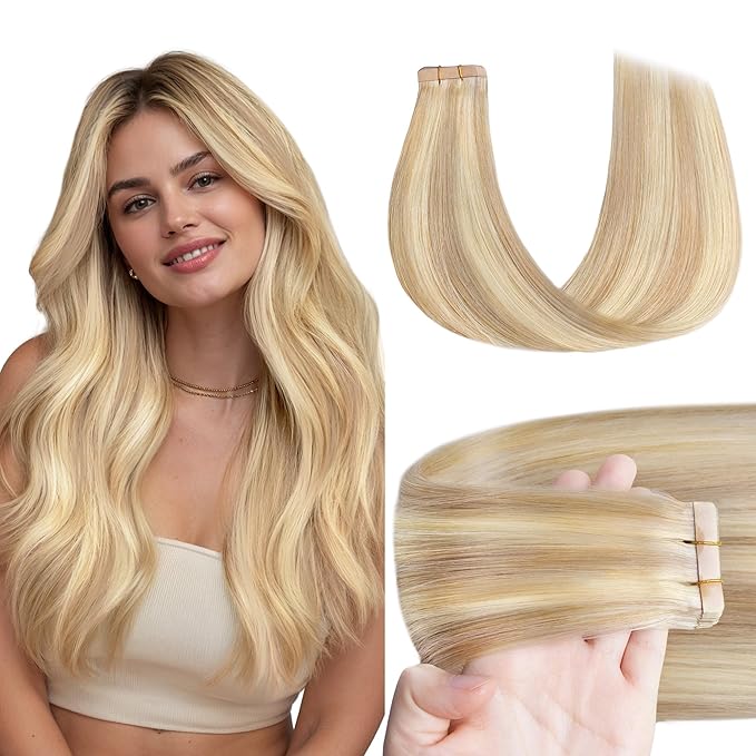GOO GOO Tape in Hair Extensions Human Hair, 18F/60A Balayage Light Wheat Platinum Blonde, 16inch 50g 20pcs, Skin Weft Seamless Invisible, Silky Straight with Thick Ends, Remy Human Hair