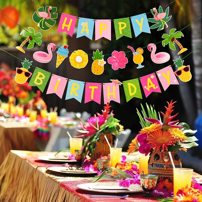 SUNBEAUTY Hawaiian Happy Birthday Banner Tropical Luau Party Birthday Flamingo - Image 7