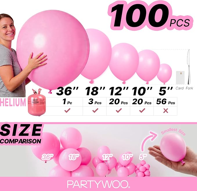 PartyWoo Pink Balloons 100pcs Matte Pink Color 36 18 12 10 5 Inch | 36 18 12 10 - Image 7