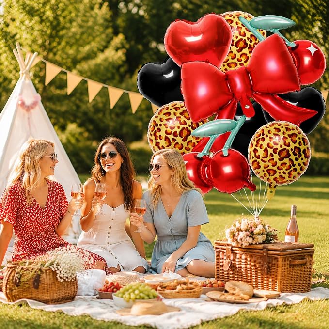 10Pcs Red Bow Cherry Cheetah Print Foil Balloon Set Women Party Photo Booth | - Image 6