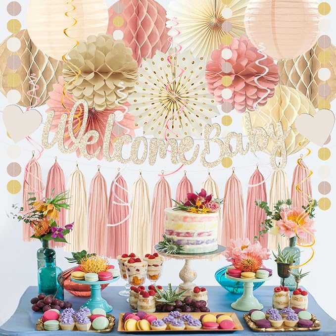 Dusty Pink Boho Baby Shower Party-Decorations Beige Champagne Girl Welcome Baby - Image 4