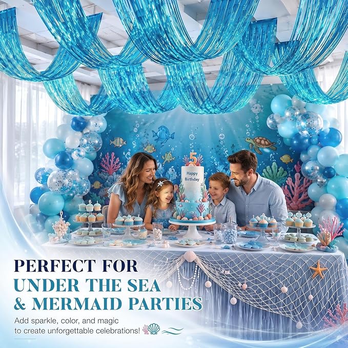 8 Pcs Light Blue 15ft Metallic Foil Ceiling Fringe Curtains - Image 4