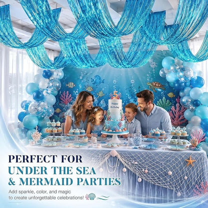 8 Pcs Light Blue 15ft Metallic Foil Ceiling Fringe Curtains - Image 4