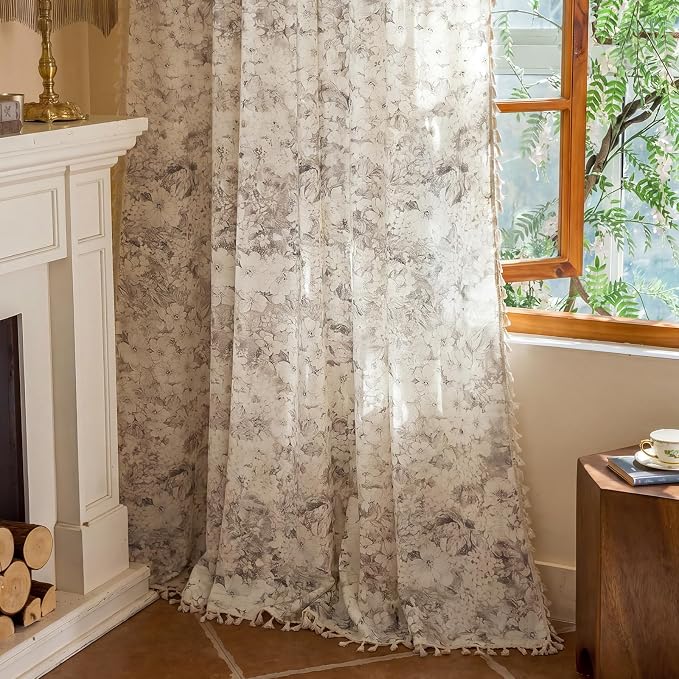 Floral Semi Sheer Rod Pocket 63 Inch Curtains 2 Panel Set - Image 7