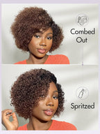 LUVME HAIR 8 Inch Kinky Curly Ombre Brown Bob Wig Human Hair Pre Cut Glueless HD Lace Closure Wig, Natural Black with Brown Side Parted Short Curly Wigs For Women