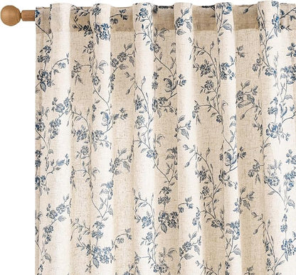 Extra Long Blue Vintage Floral Linen Curtains Farmhouse 2 Panels | Elisa Series by Lazzzy