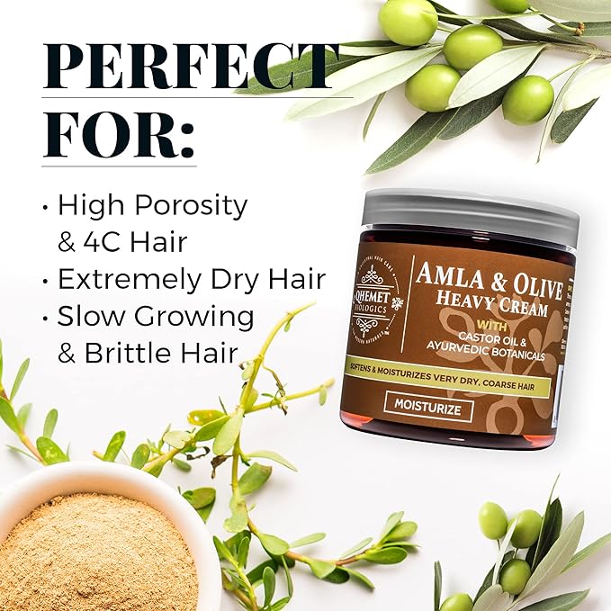 Qhemet Biologics Amla & Olive Heavy Cream - Moisturizing Balm for Extremely Dry & 4C Hair - Adds Soft, Supple Moisture & Hydration to Afros, Coils, Curls, Puffs, Twists, Braids, Locs & More (8.9 oz)