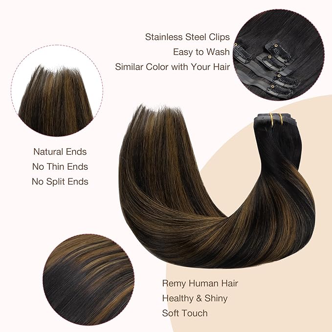GOO GOO Clip in Hair Extensions Real Human Hair, Remy Human Hair Extensions Clip ins for Women, Natural Human Hair, 20inch 110g 7Pcs, 1B/6/1B Balayage Natural Black to Chestnut Brown