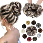 Messy Bun Hair Piece Wavy Curly Scrunchies Fluffy Donut Thick Updo Elegant Chignon Hairpieces for Women Girls, Black Brown Mix Bleach Blonde 1.4oz