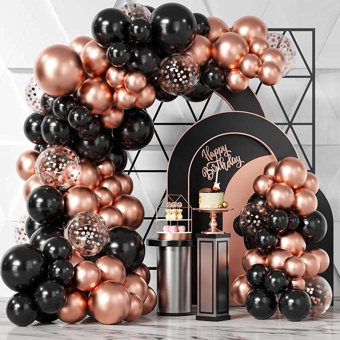 Rose Gold and Black Balloons Garland Arch Kit 100PCS | Metallic Chrome Black by Bezente