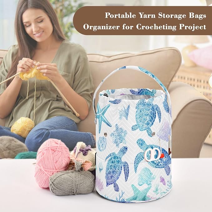 Line Art Turtles Starfish and Coral Yarn Bag Small Crochet Bag Drawstring Yarn - Image 4