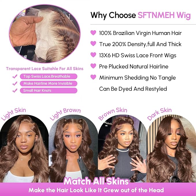 Chocolate Brown Lace Front Wig 200 Density 13x6 HD Body Wave Lace Front Wigs Human Hair Pre Plucked Colored Frontal Glueless Brown Human Hair Wig for Women with Baby Hair 24Inch