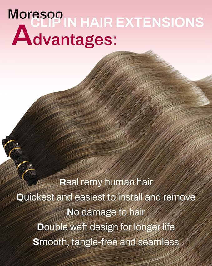 Moresoo Brown Balayage Clip in Hair Extensions Human Hair Seamless Dark Brown to Golden Brown with Dark Honey Blonde Real Hair Extensions Clip ins Remy Pu Skin Invisible Long 120/7pcs 18in