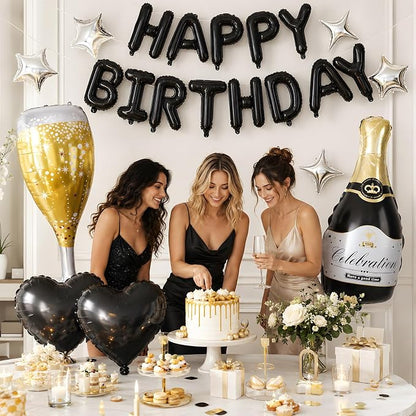 Black Happy Birthday Balloons Banner, Champagne Bottle Glass Balloon - Image 7