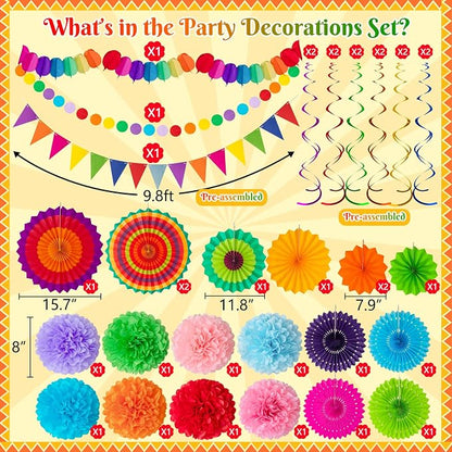 35PCS Fiesta Paper Fan Party Decorations Set | Cinco De Mayo Pom Poms, - Image 3