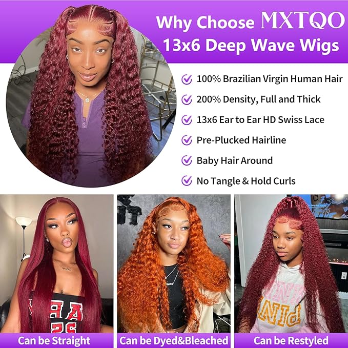 16 Inch 99J Burgundy Lace Front Wigs Human Hair Deep Wave 13x6 HD Lace Front Wigs Pre Plucked with Baby Hair Wet and Wavy Human Hair Wig 200% Density Deep Curly Frontal Wigs for Black Women