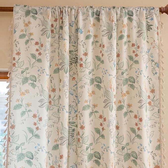 Bedroom Floral Rod Pocket Semi Sheer Curtains 84 Inch Length 2 Panels Set | - Image 2