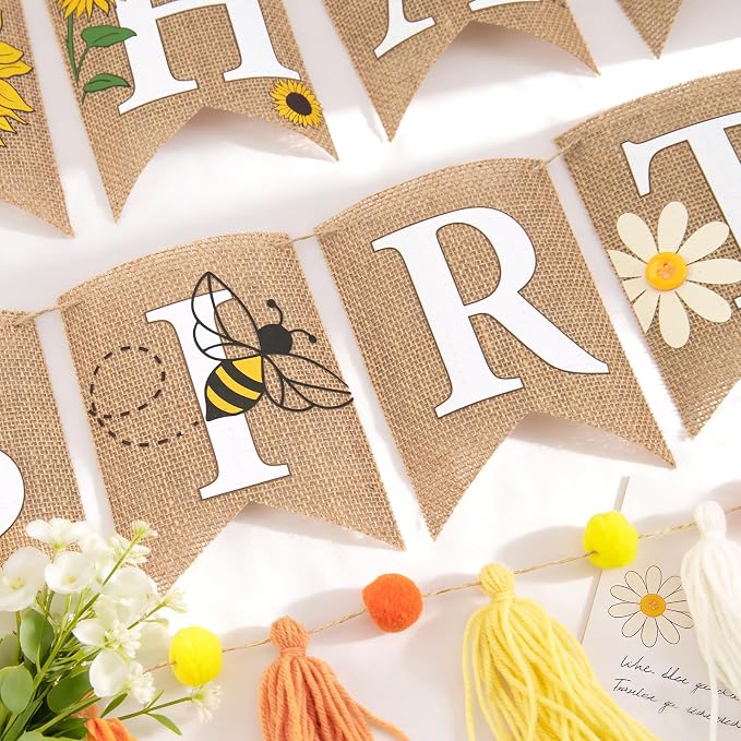 Burlap Sunflower Birthday Banners, Pre-strung Sunflower and Bee Themed Party - Image 2