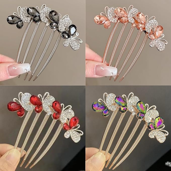 Hair Side Comb Crytal Hair Pins for Bridal, Butterfly Rhinestone Hair Clips Wedding Flower Hair Decorations Hair Tools for Brides Bridesmaids Women Ladies (4 Pack)