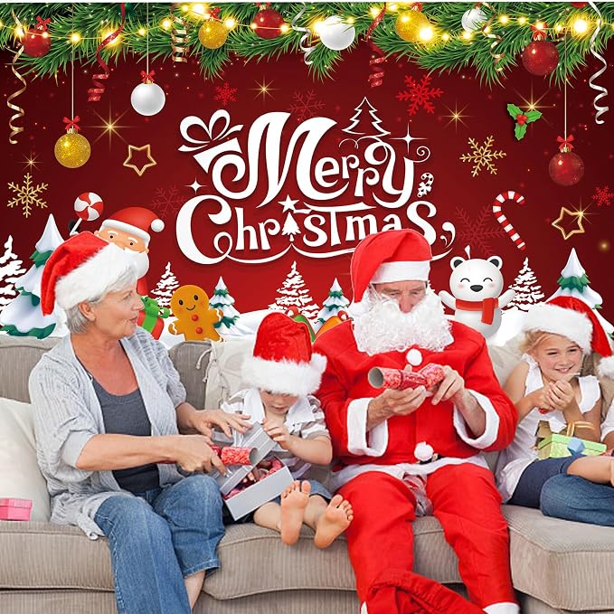 Red Green Gold Merry Christmas Backdrop Banner Photography Background - Image 4