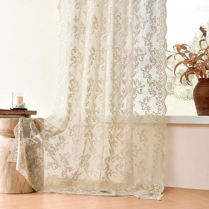 Beige Lace Curtains 96 Inches Long 2 Panels Paisley Floral Sheer Curtains - Image 5