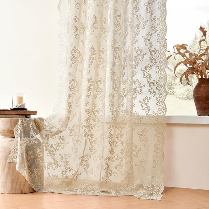Beige Lace Curtains 102 Inches Long 2 Panels Vintage Paisley Sheer Lace Curtains by FOLKSIDEHomeDecoration