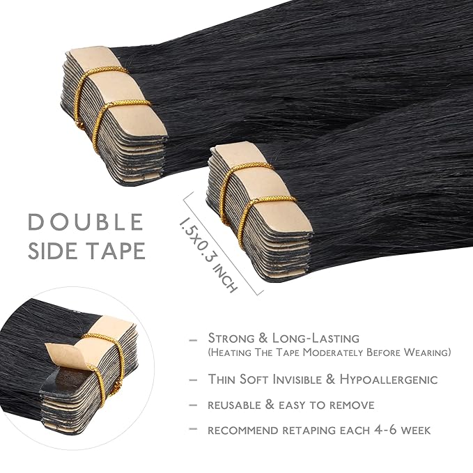 WENNALIFE Tape in Hair Extensions Human Hair, 20pcs 60g 26 inch Jet Black Remy Hair Tape in Extensions Skin Weft