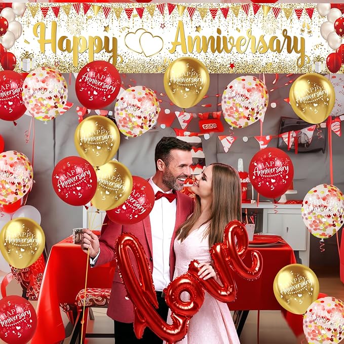 Red Gold Happy Anniversary Banner & Yard Sign - Image 3