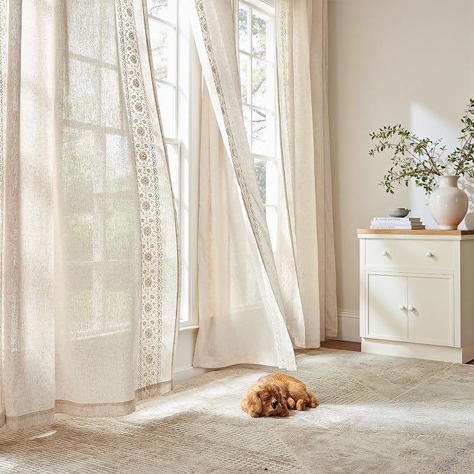 jinchan Floral Linen Curtains Embroidered Back Tab 50x63in 2 Panels Ivory | - Image 8