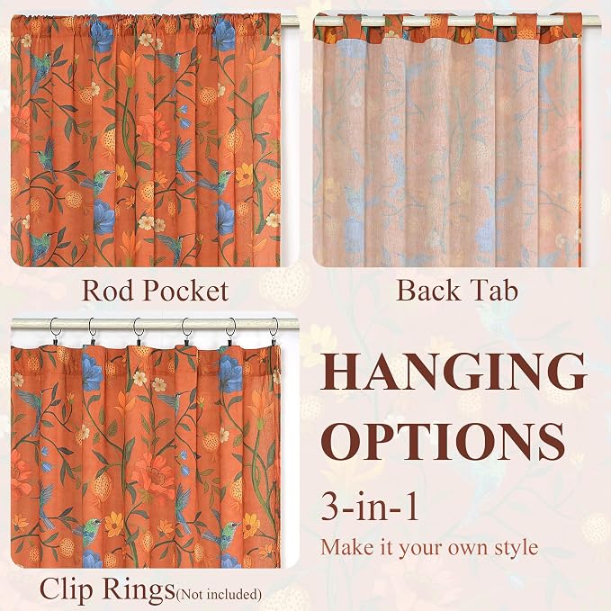 Orange Floral Linen Curtains, Boho Whimsical Bird Print Curtains - Image 8