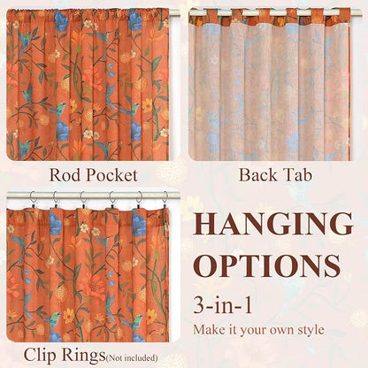 Terracotta Floral Linen Curtains, Boho Whimsical Bird Print Curtains - Image 8