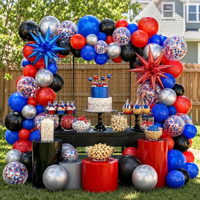 Red Blue Black Balloons, 12 Inch Royal Blue Red Black Metallic Silver Confetti - Image 6