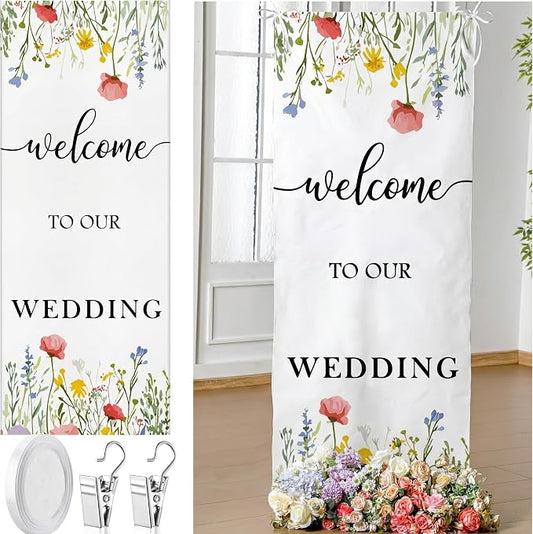 Yousoontic Welcome to Our Wedding Floral Linen Rustic Wedding Welcome Banner by Yousoontic