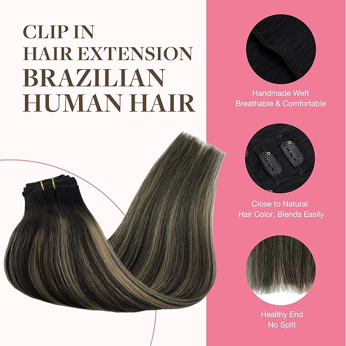 GOO GOO Clip in Hair Extensions Real Human Hair, Remy Human Hair Extensions Clip ins for Women, Natural Human Hair, 14inch 150g 9Pcs, 1B/16/1B Balayage Natural Black to Light Blonde