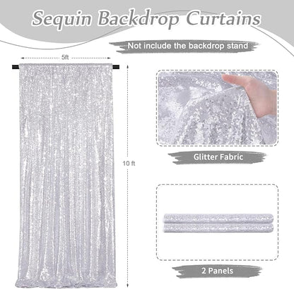 Silver Backdrop Curtains 2 Pieces 5FTx10FT Sequin Backdrop Decor - Image 3