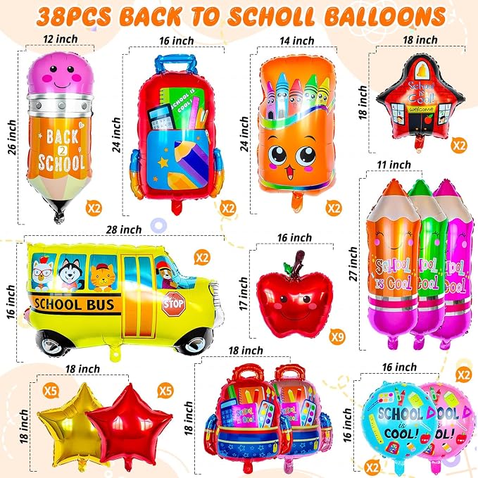 38 Pcs Back to School Balloons, School Helium Mylar Balloon, Apple Pencil - Image 6