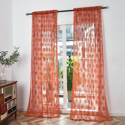 Kotile Burnt Orange Sheer Floral Curtains - Image 8