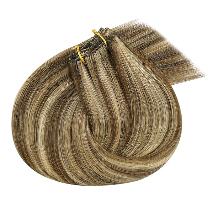 Ve Sunny Clip in Human Hair Extensions Highlights Brown Clip in Hair Extensions Real Human Hair Highlights Dark Brown with Caramel Blonde Natural Look Hair Extensions for Women 120g 18inch 7pcs