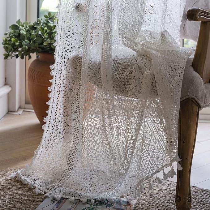Sutuo Home White Boho Curtains Crochet Lace Semi-Sheer Bohemian Hollow Knitted - Image 3