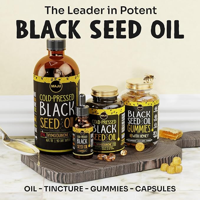 MAJU's Black Seed Oil 16oz: 3X Thymoquinone, Cold Pressed, 100% Turkish Black Cumin Nigella Sativa Seed Oil (Better Than Organic), Non-GMO, 100% Liquid Pure Blackseed, Glass Bottle