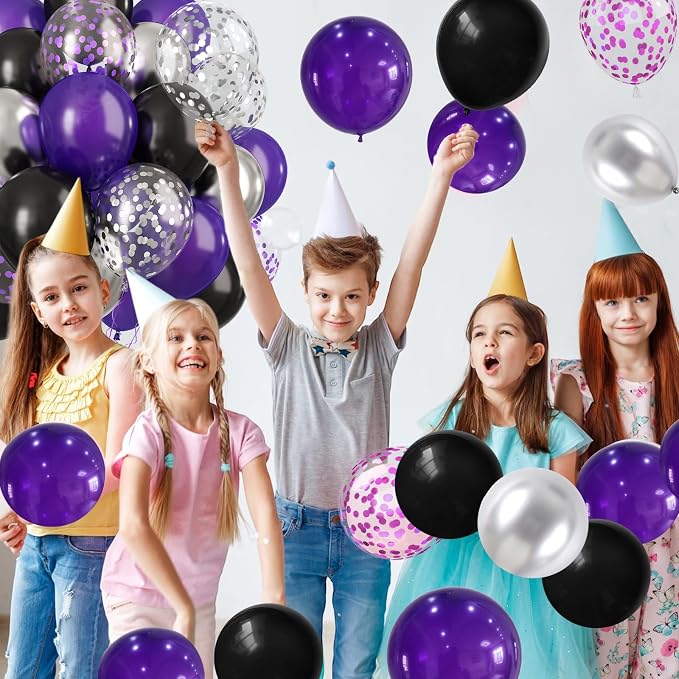 Purple Black Balloons Set, Metallic Black Silver Purple Confetti Balloons Latex - Image 7