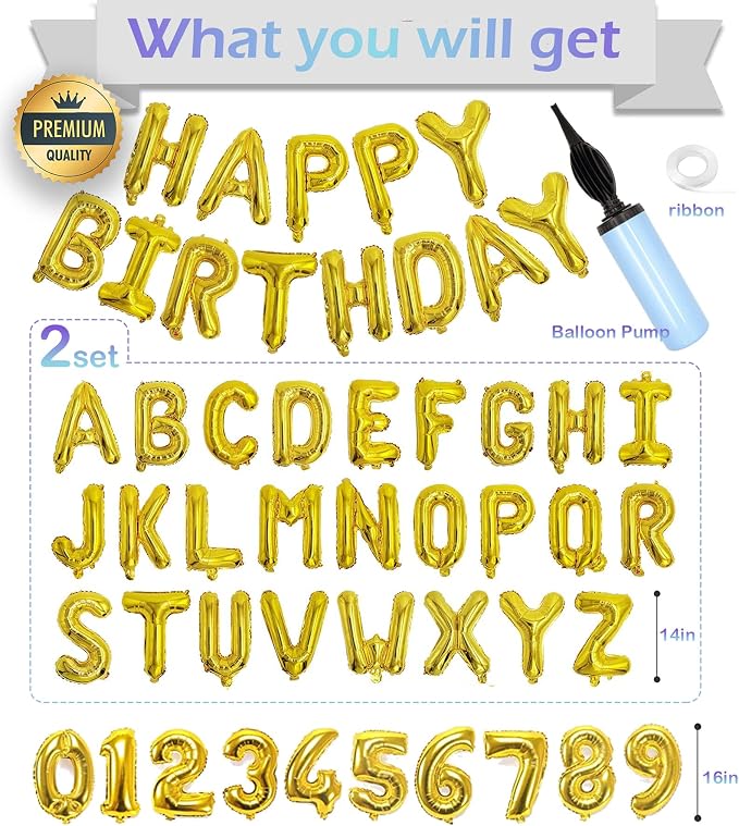 Gold Happy Birthday Balloon Banner Set -16" Foil Letters Balloons | 76pcs - Image 2