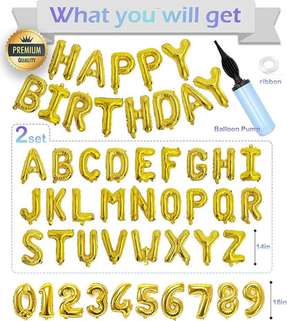 Gold Happy Birthday Balloon Banner Set -16" Foil Letters Balloons | 76pcs - Image 2
