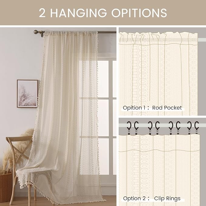 WAZZIO Boho Lace Curtains 96 Inches 2 Panel, Light Filtering Privacy Tassel & - Image 9