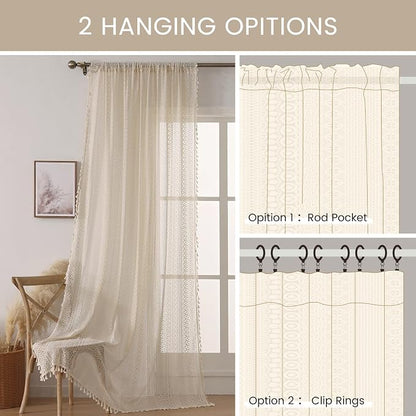 WAZZIO Boho Lace Curtains 45 Inches 2 Panel, Light Filtering Privacy Tassel & - Image 10