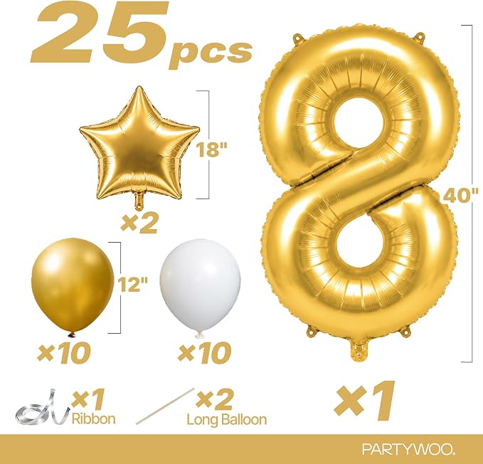 PartyWoo Number Balloons 40 Inch Gold Number 8 Kit 25pcs - Image 2