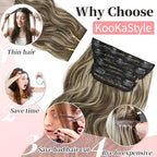 KooKaStyle Clip in Synthetic Highlight Hair Extensions Long Wavy 4PCS Thick Hairpieces Medium Brown Ash Blonde Fiber Double Weft Natural Hair Extensions 20 Inch for Women