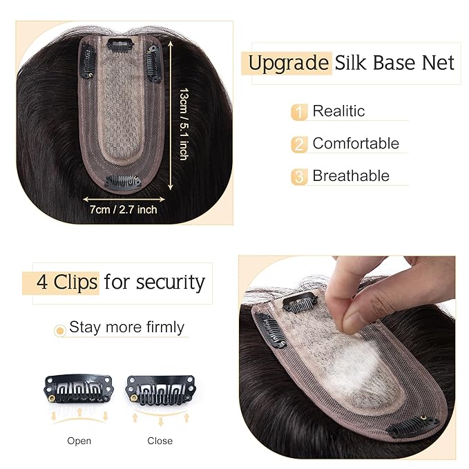 SEGO Human Hair Toppers for Women With Thinning Hair, 7 * 13CM Silk Base 100% Real Human Hair Clip in Top Wiglet Hairpieces //6 Inch No Bangs Natural Black
