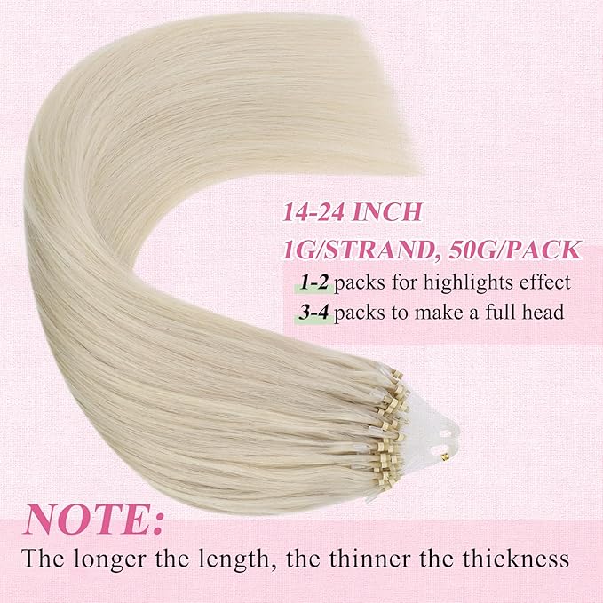 YoungSee Micro Bead Hair Extensions Real Human Hair Blonde 16 Inch Micro Link Hair Extensions Human Hair Platinum Blonde 50g Beaded Hair Extension Blond 50s Cold Fusion Hair Extension 50g for Girls